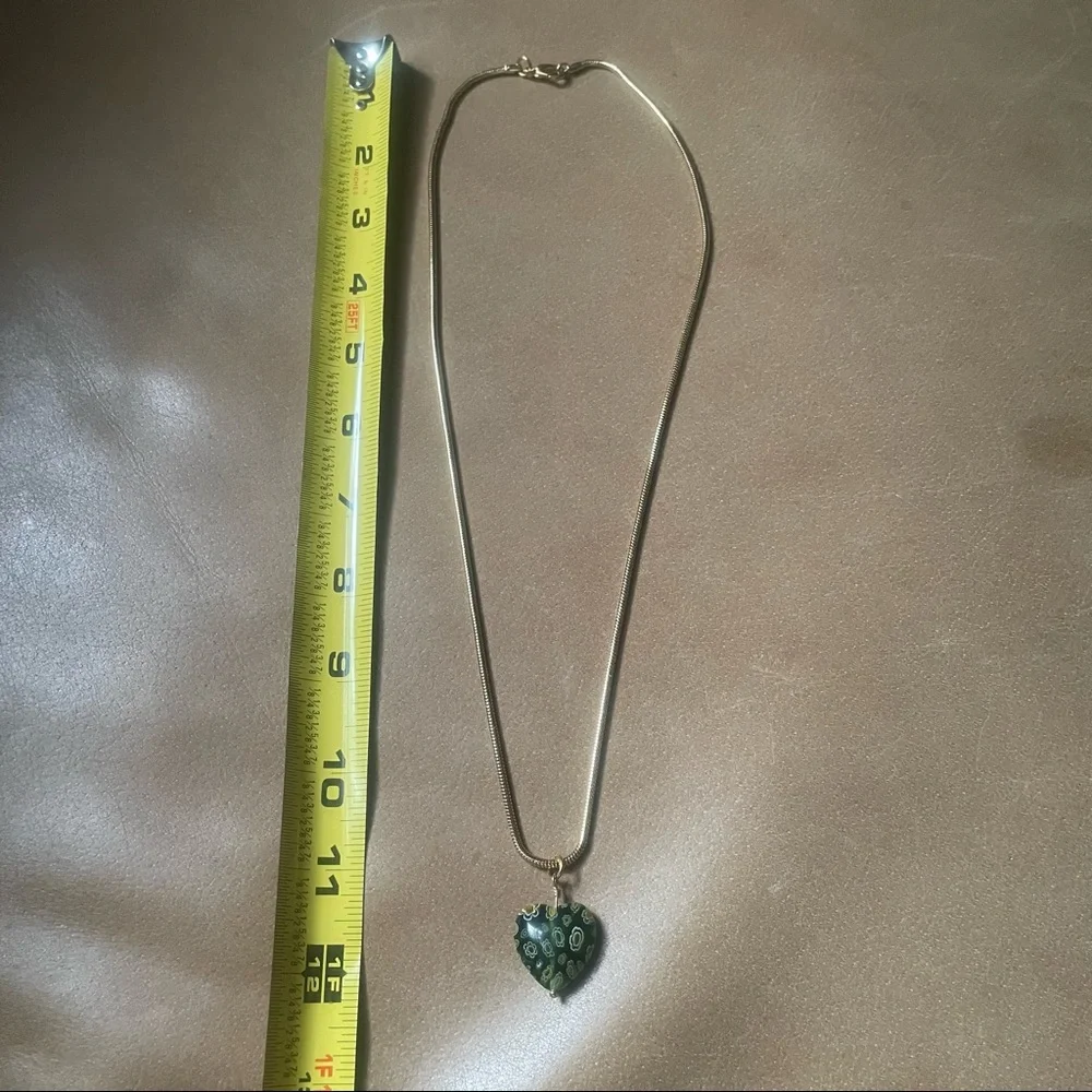 ๐ Green Heart Italian Millefiori glass bead snake chain necklace gold brass - Picture 7 of 7